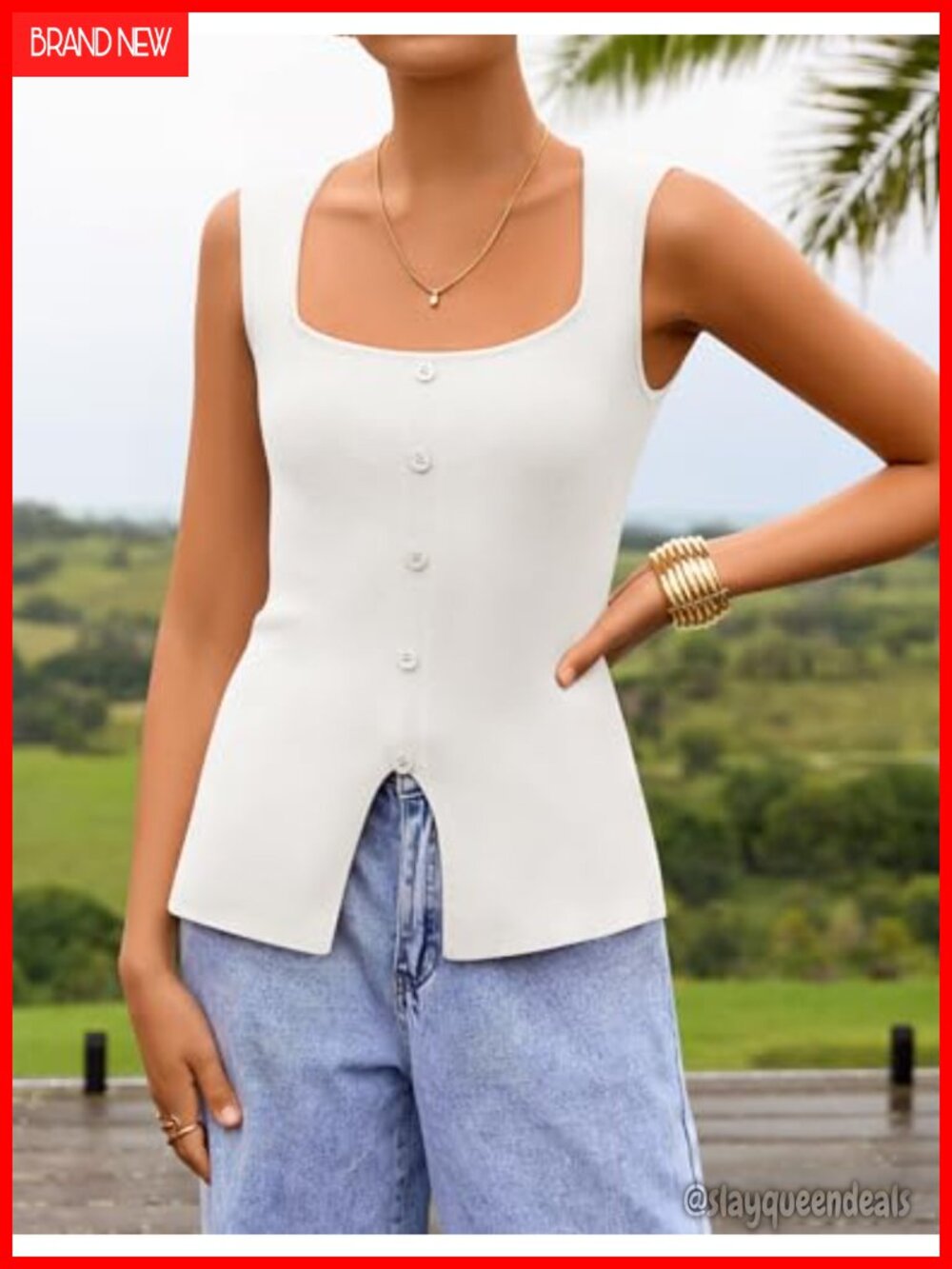 Women's Square Neck Sleeveless Knit Sweater Vest Top - Picture 2 of 6